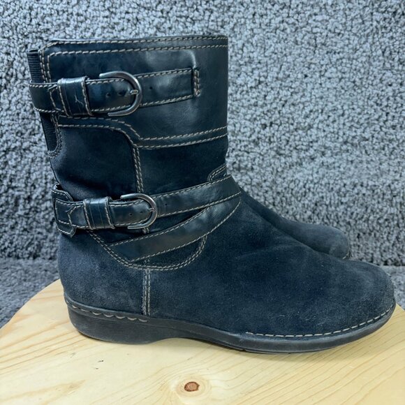 Clarks Whistle Ranch Boots Womens Size 11 Black Suede Strap Biker Moto Buckle - Picture 3 of 8